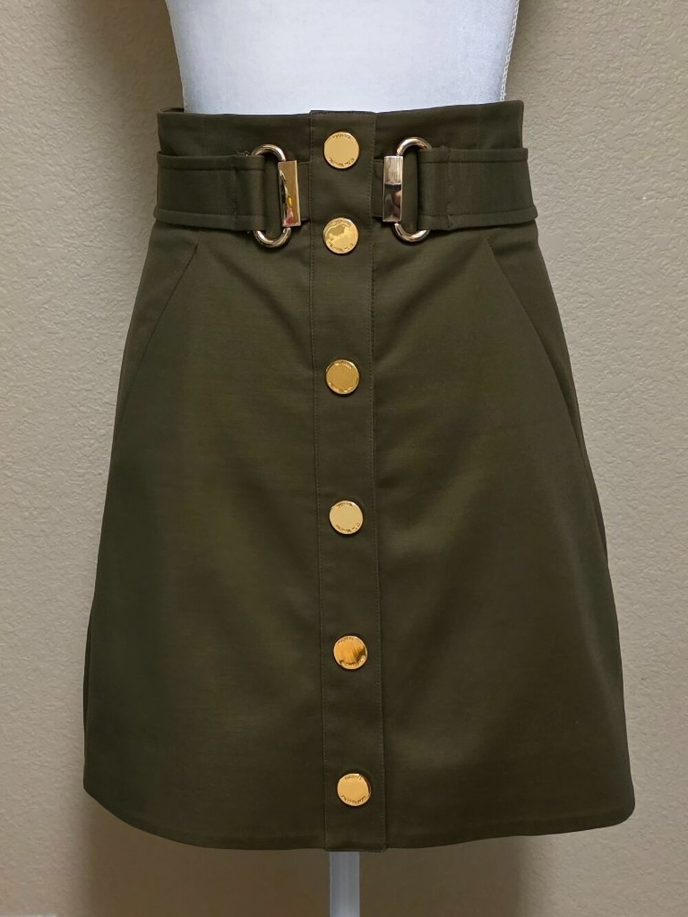 Michael Kors Snap Front Mini Skirt in Army Green